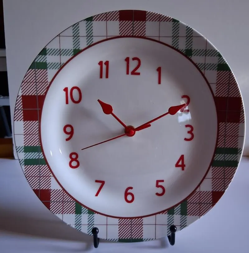 Handmade red green plaid holiday ceramic clock Brookside Farm