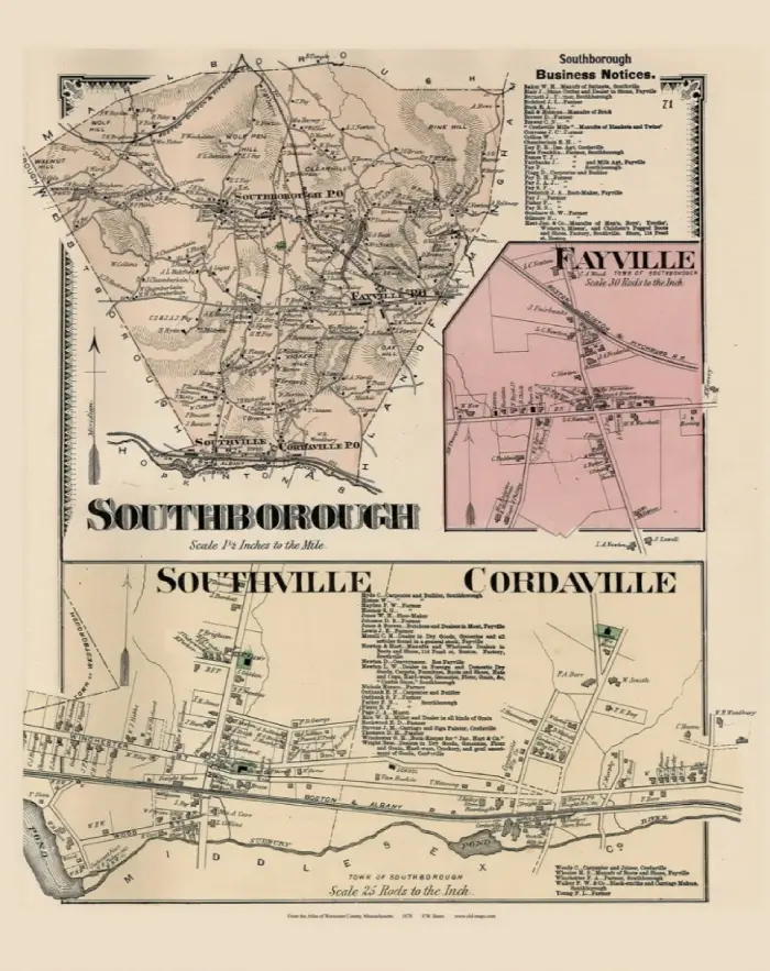 Historical map of Southborough, Massachusetts, circa 1870, showing Fayville, Southville, and Cordaville