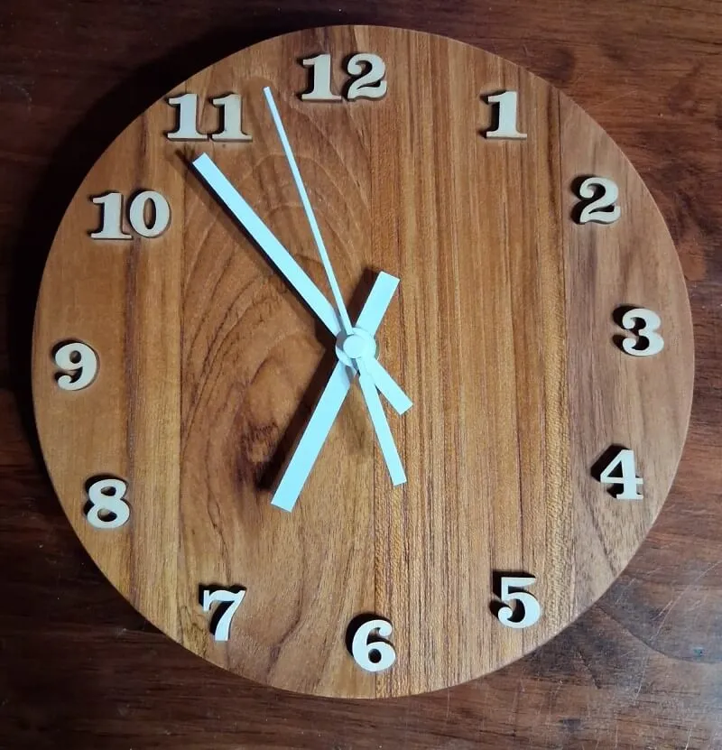Handmade teak round clock white markers Brookside Farm