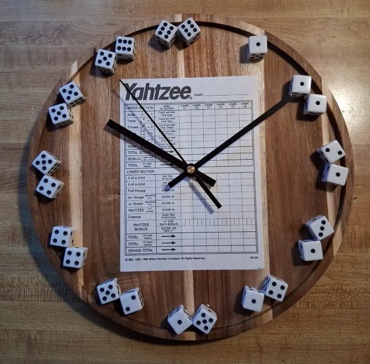 Handmade Yahtzee dice wall clock on acacia wood Brookside Farm
